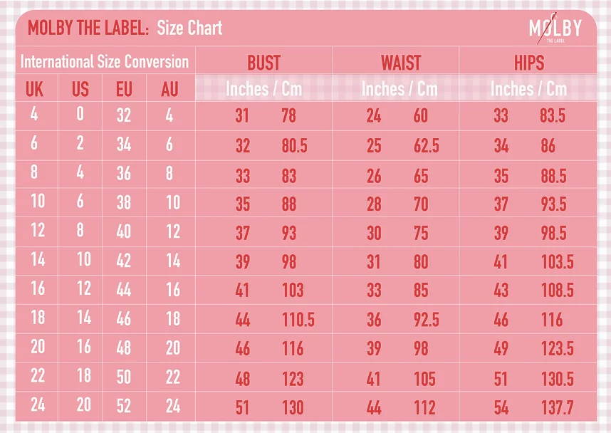 Standard Size Chart. You can order in Customised Sizes too