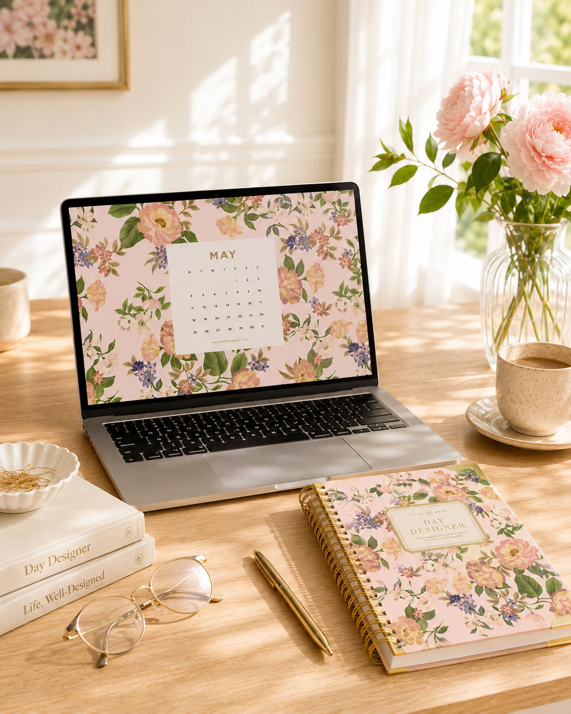 may 2026 digital wallpaper on laptop placed on wood desk, planner, pen, glasses, coffee, books, vase with pink flowers, hanging picture on wall