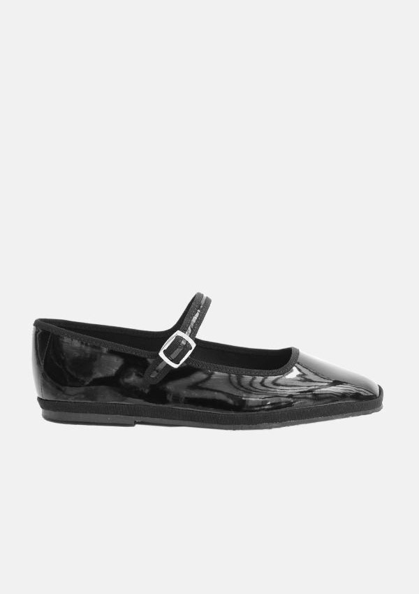 Product image of a Drogheria Crivellini Mary Jane flat shoes in black patent leather with a strap fastened with a silver buckle.