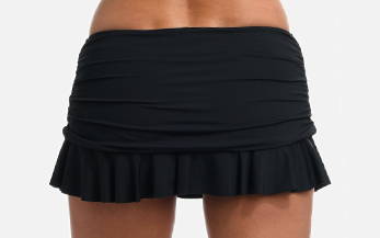 Back image, close-up of model wearing black skirted swimsuit bottoms.