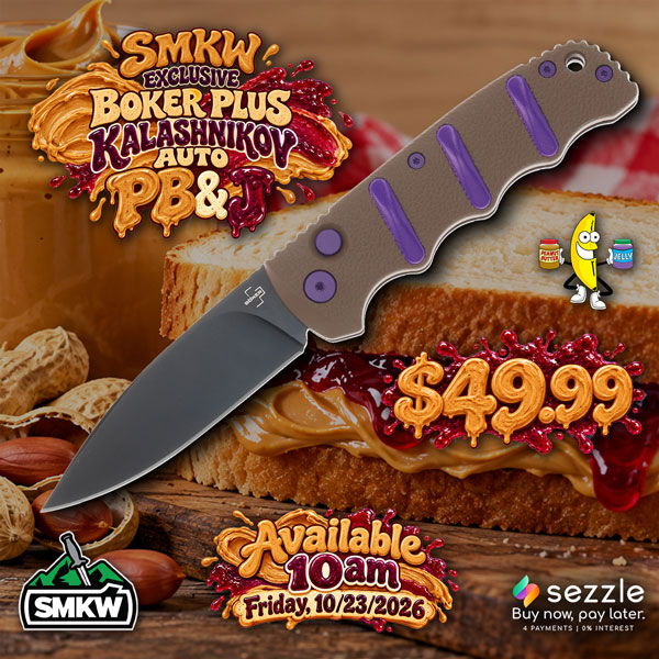 SMKW Exclusive Boker Plus Kalashnikov Auto PB&J $49.99, Available 10 AM EST 10/23/26.