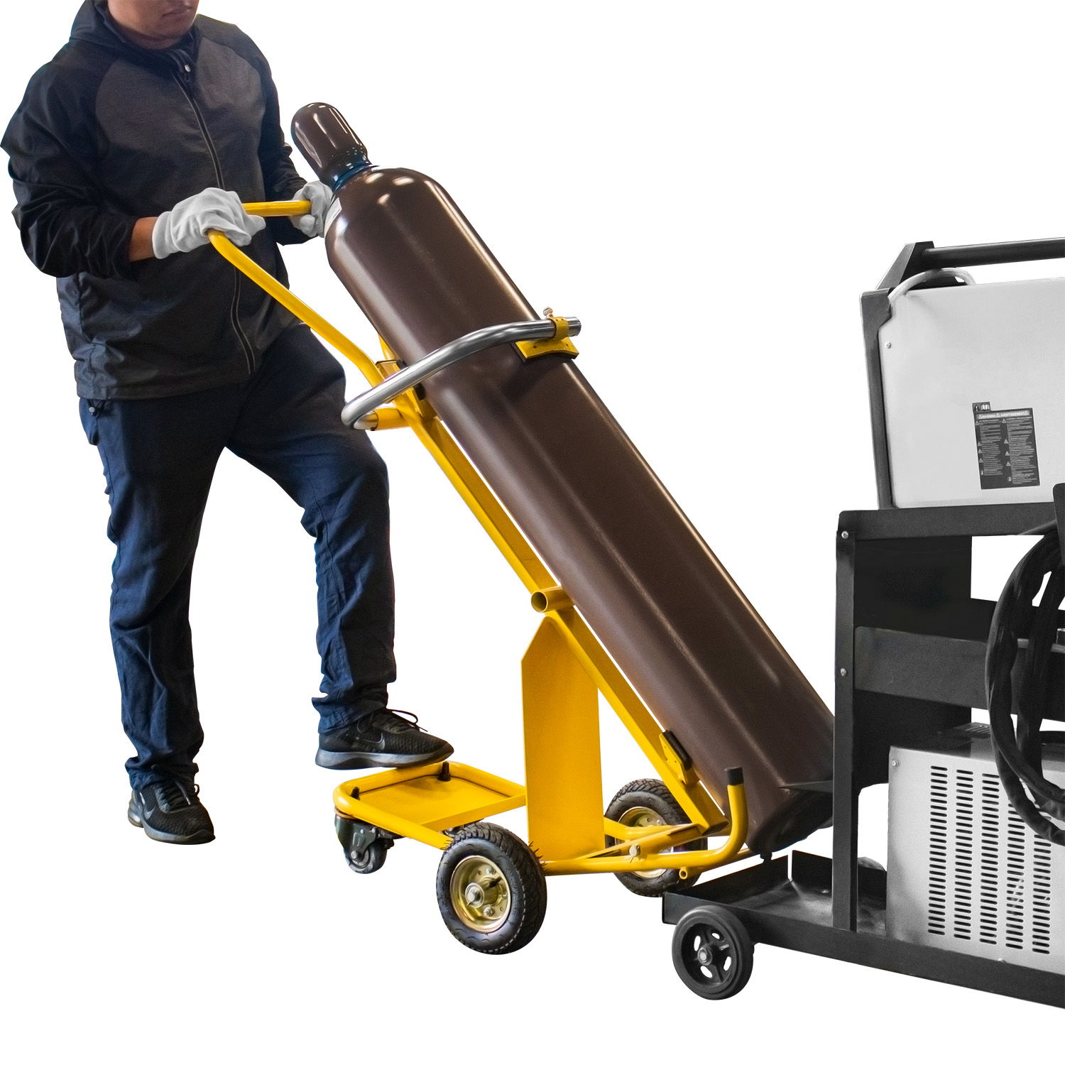 Person using a cart to transport a large gas cylinder.