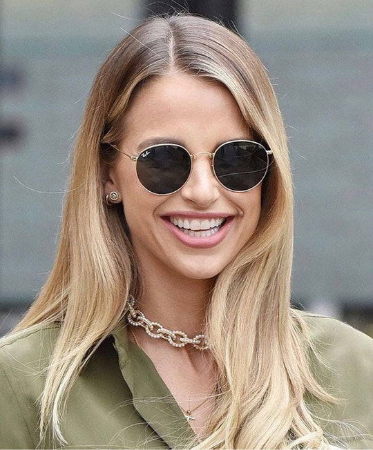 Vogue Williams wears Soru Jewellery 24ct gold plated silver chunky chain link necklace Swarovski pearls 