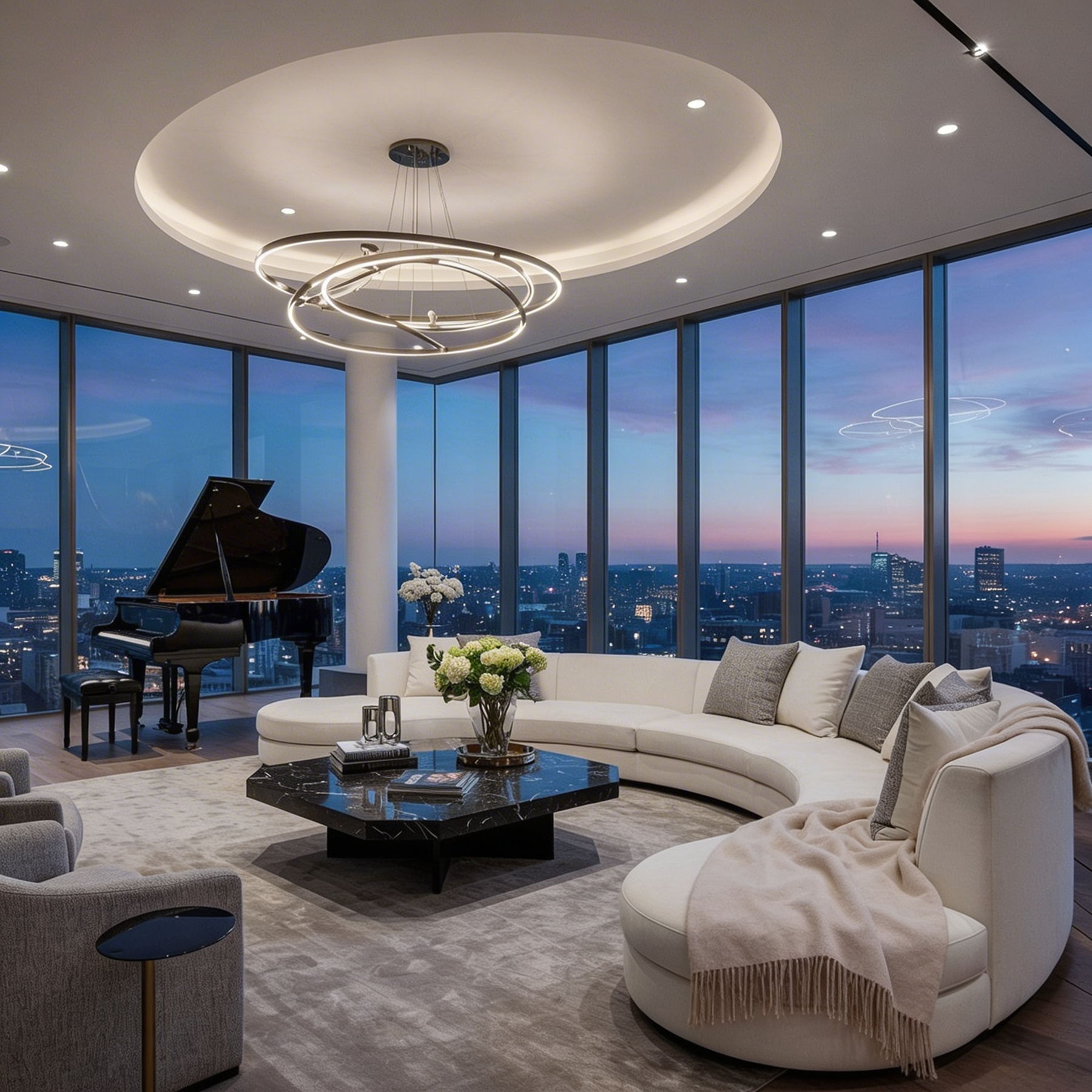 Modern living room with piano and city view at sunset.