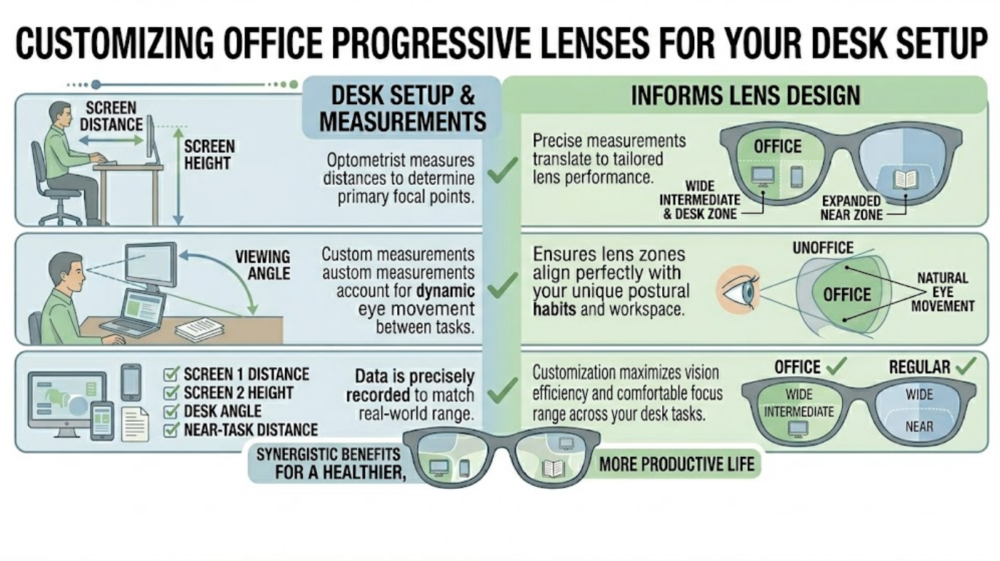 Customizing office progressive lenses based on desk setup, screen height, and working distance for optimal visual comfort