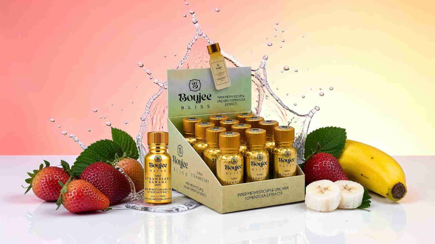 Bottles of shampoo surrounded by fruits and splashes of water.