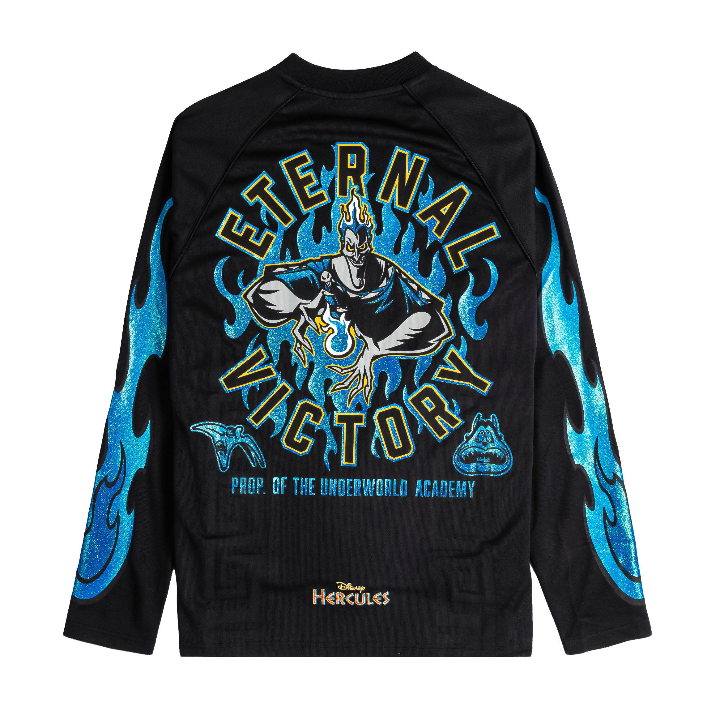 Black long-sleeve shirt with blue graphic design and logo.