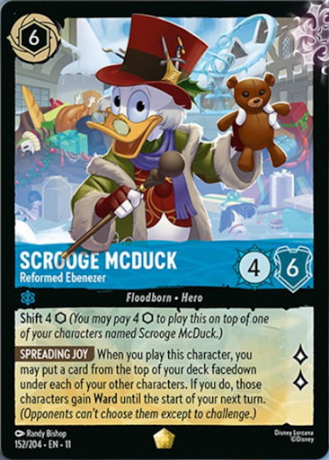 Cartoon character Scrooge McDuck holding a teddy bear in a colorful background.