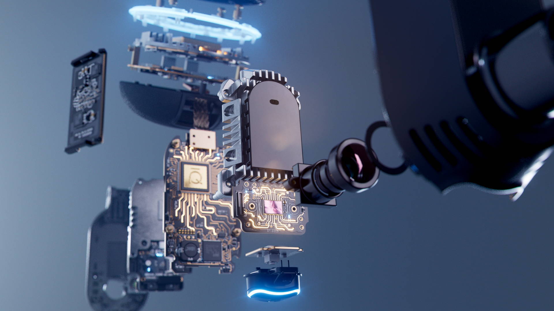 3D rendering of a futuristic robotic device with glowing elements.