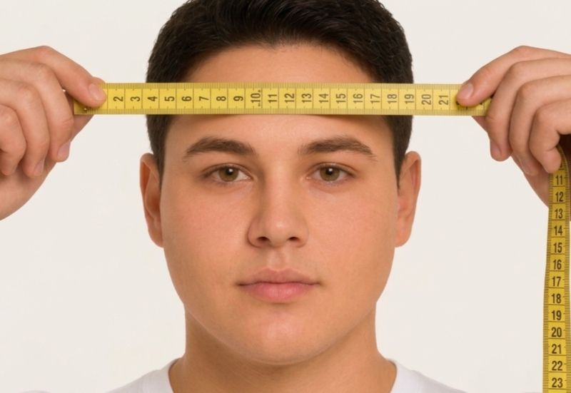 man measuring his forehead width with measuring tape