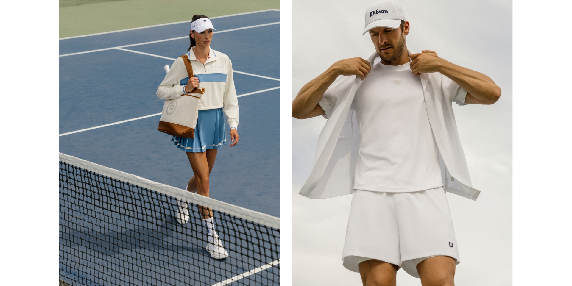 Tennis players in stylish sportswear on the court and posing outdoors.