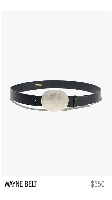 Black belt with a large silver buckle, labeled 