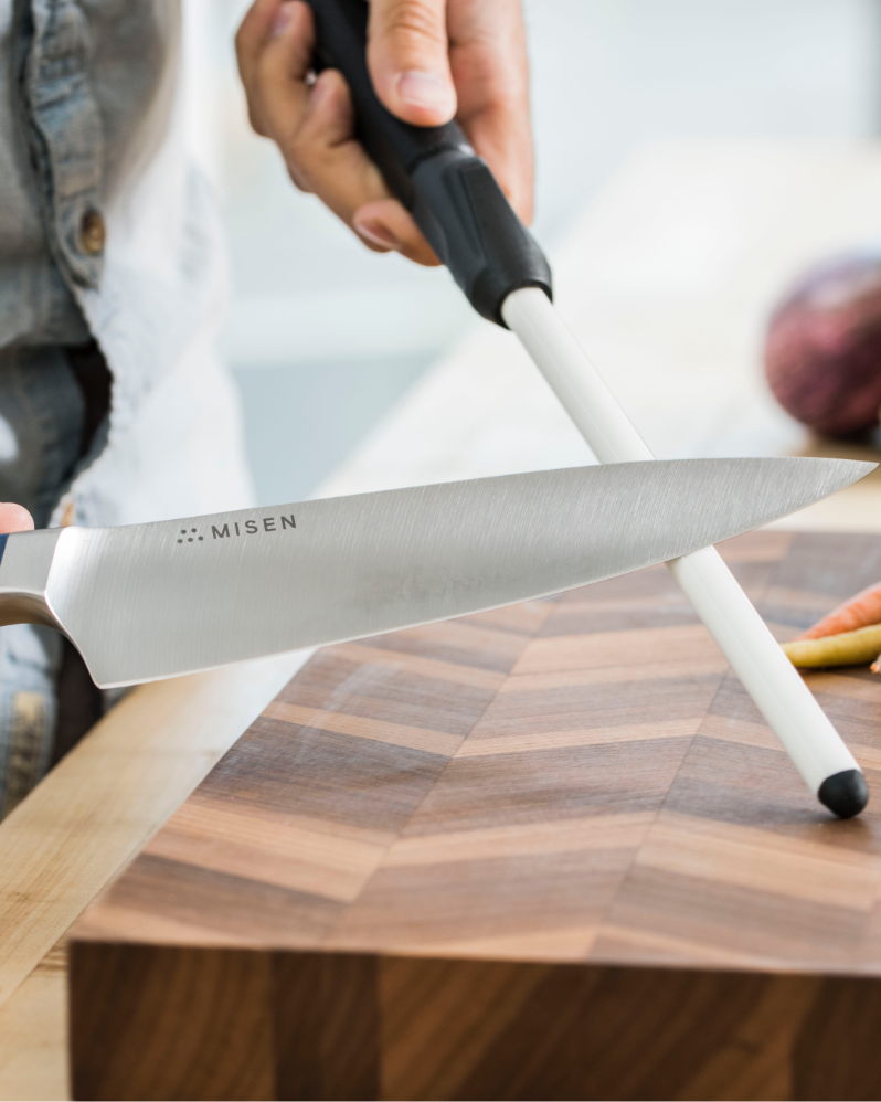 Realign the microscopic steel teeth of your Misen Chef's Knife with regular honing.