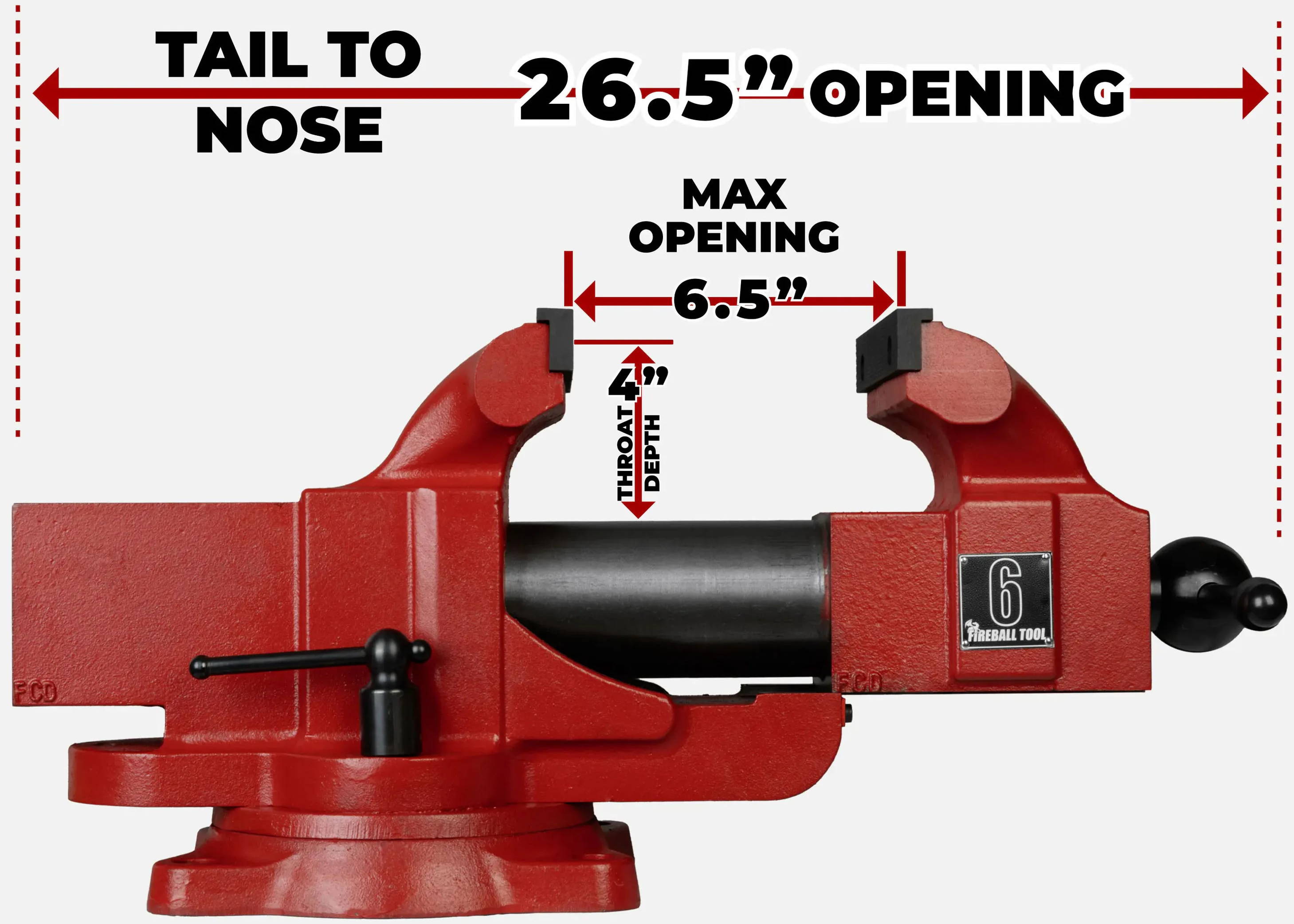 Red vice with measurements for opening size and dimensions.