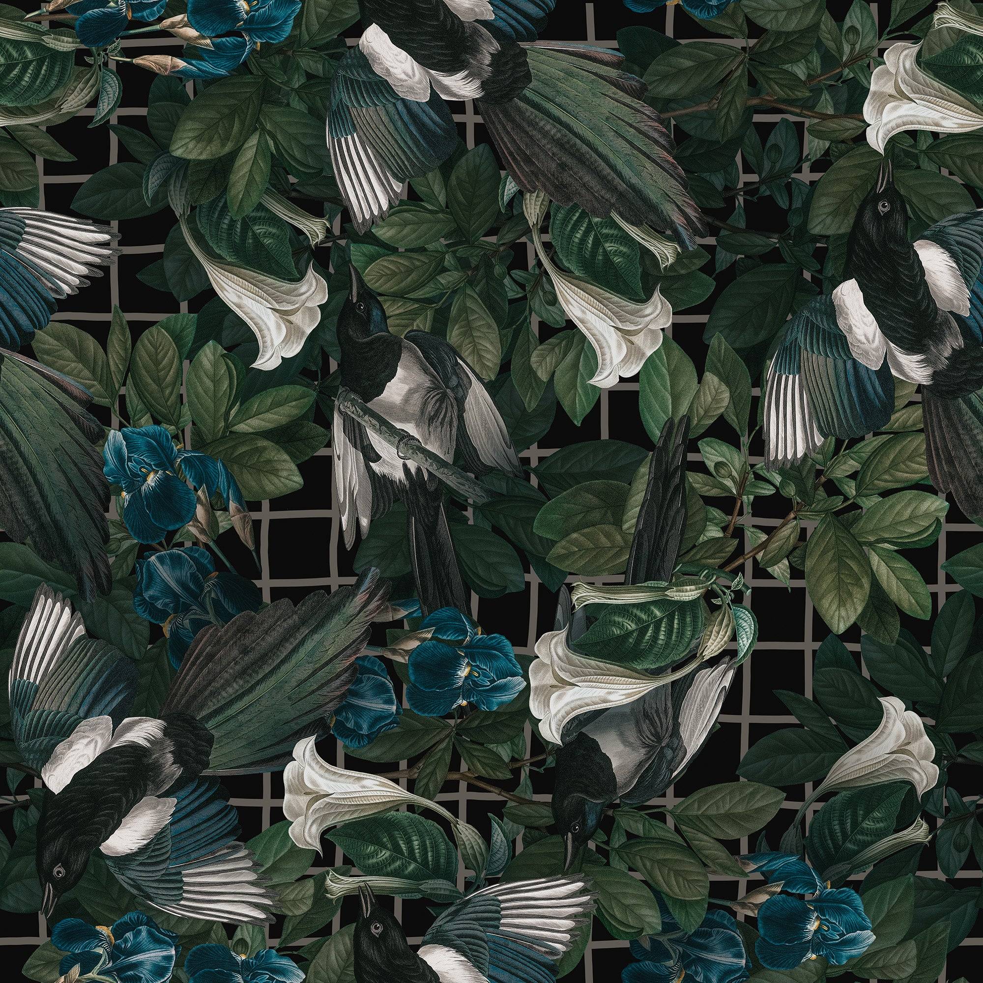 magpie-trellis-wallpaper-dark-interior-decor-gothic-design-british-designer-uk-made-bird-wallpaper