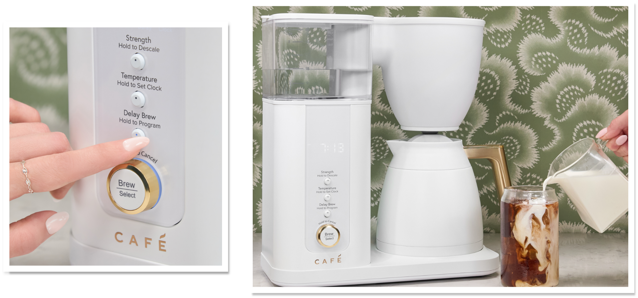 Coffee maker with a hand pressing a button and pouring milk into a glass.