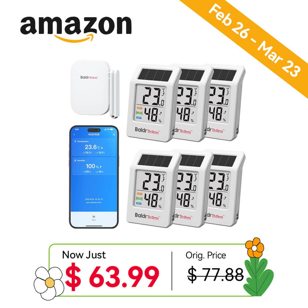 Five digital thermometers with a mobile app, discounted price displayed.