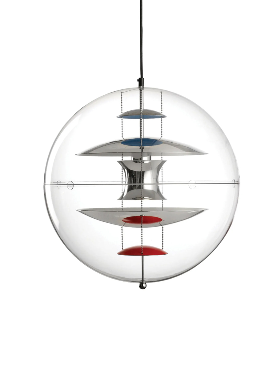 A modern Verpan pendant light with colourful layered discs inside a transparent sphere.
