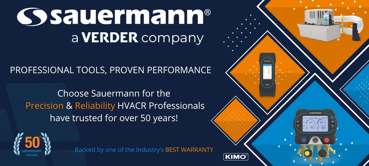 Sauermann HVAC tools featuring test instruments and condensate pumps, celebrating 50 years of precision and reliability
