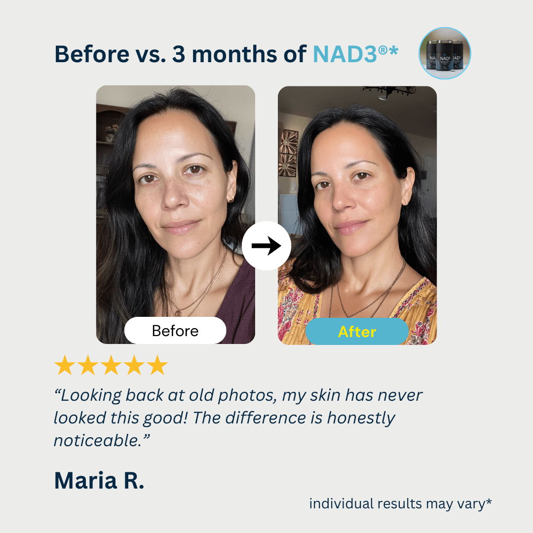 Before and after photos of a woman's skin improvement. Review by Maria R.