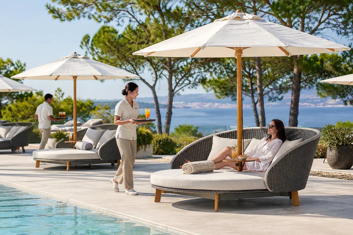 Luxury hotel resort pool cabana with cushioned daybeds, umbrellas, and poolside service seating overlooking the water