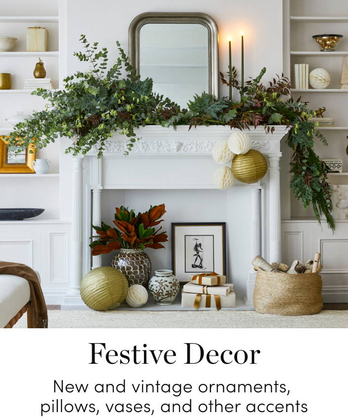 Festive Decor New and vintage ornaments, pillows, vases, and other accents