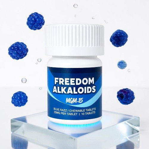 Bottle of Freedom Alkaloids with blue raspberries and bubbles around it.