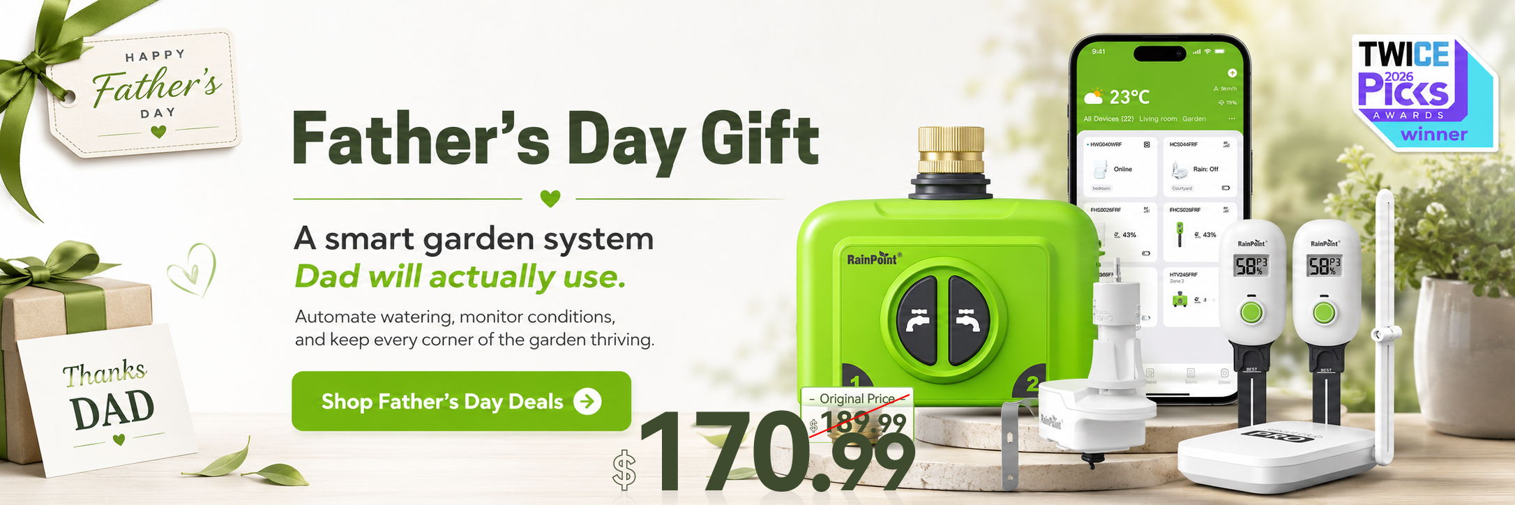 Father's Day gift advertisement for a smart garden system priced at $170.99.