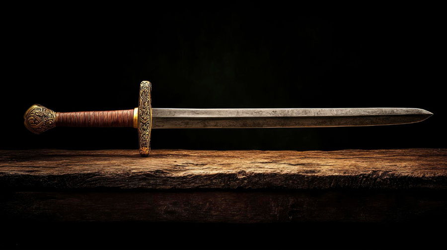 A sword resting on a wooden surface against a dark background.
