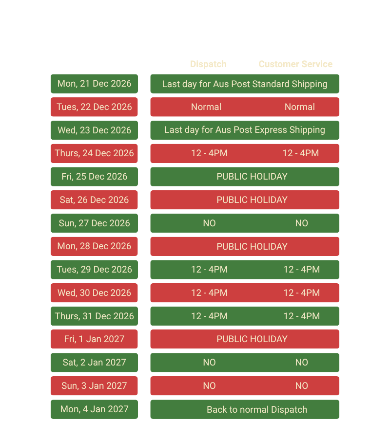 Shipping schedule with public holidays and last shipping dates for Aus Post.