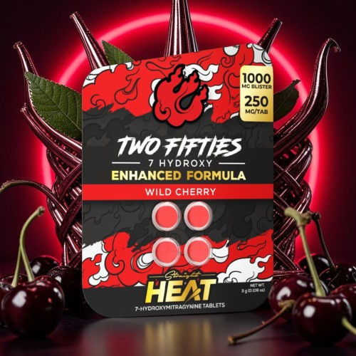 Packaging for Two Fifties Wild Cherry dietary supplement with a fiery design.