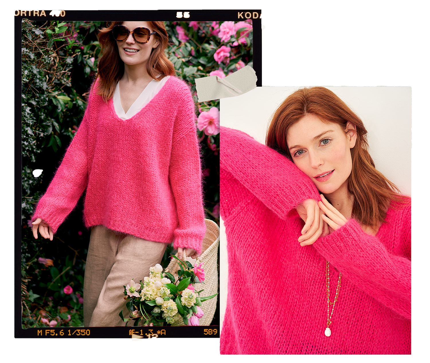A model wearing a bright pink knitted v neck jumper over a white top walking in front of a green bush with pink flowers wearing sunglasses aand holding a raffia basket with a bouquet in it