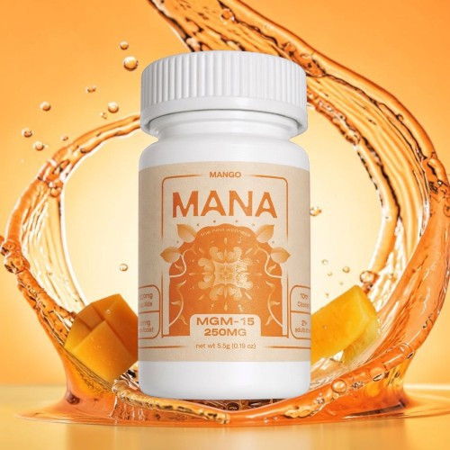 Bottle of Mana supplement with orange splash background.