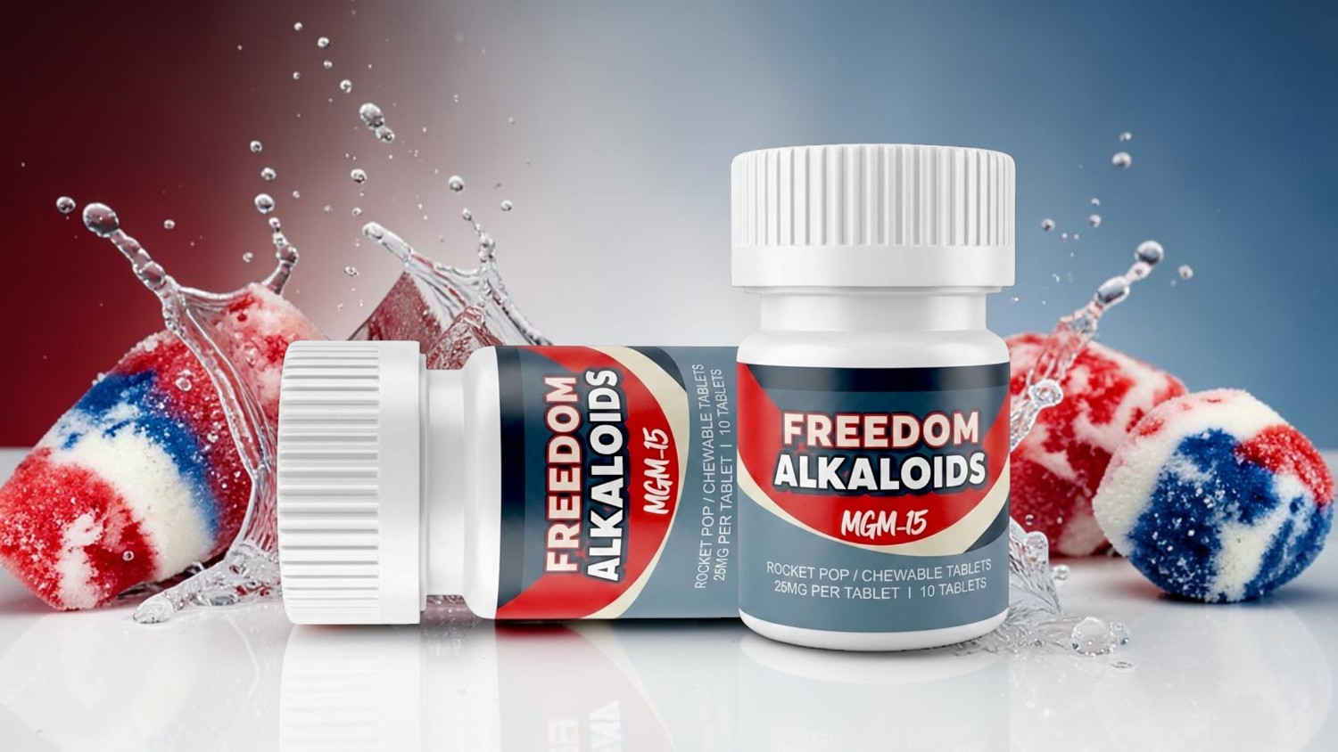 Two bottles of Freedom Alkalosis with splashes in a red and blue background.