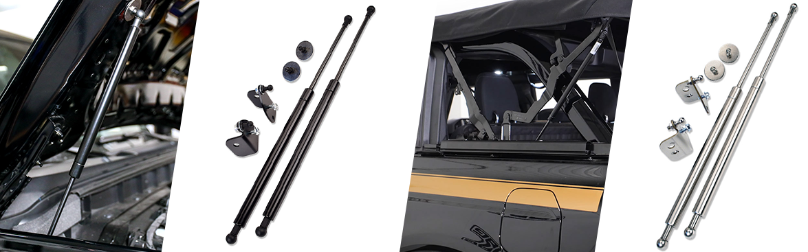 Photo collage of hood struts and off-road vehicles with hood struts attached.