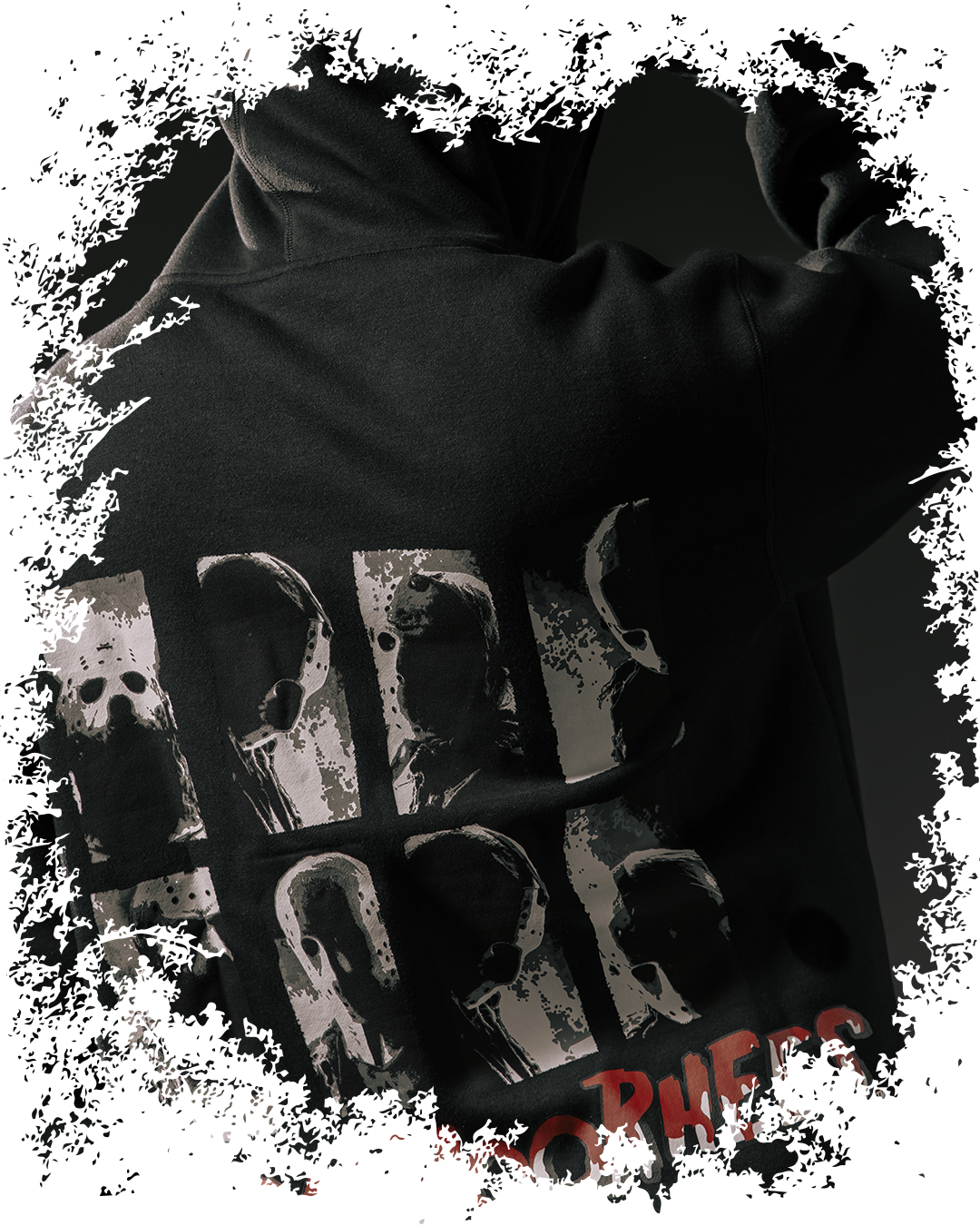 Person wearing a black hoodie with a graphic design on the back.