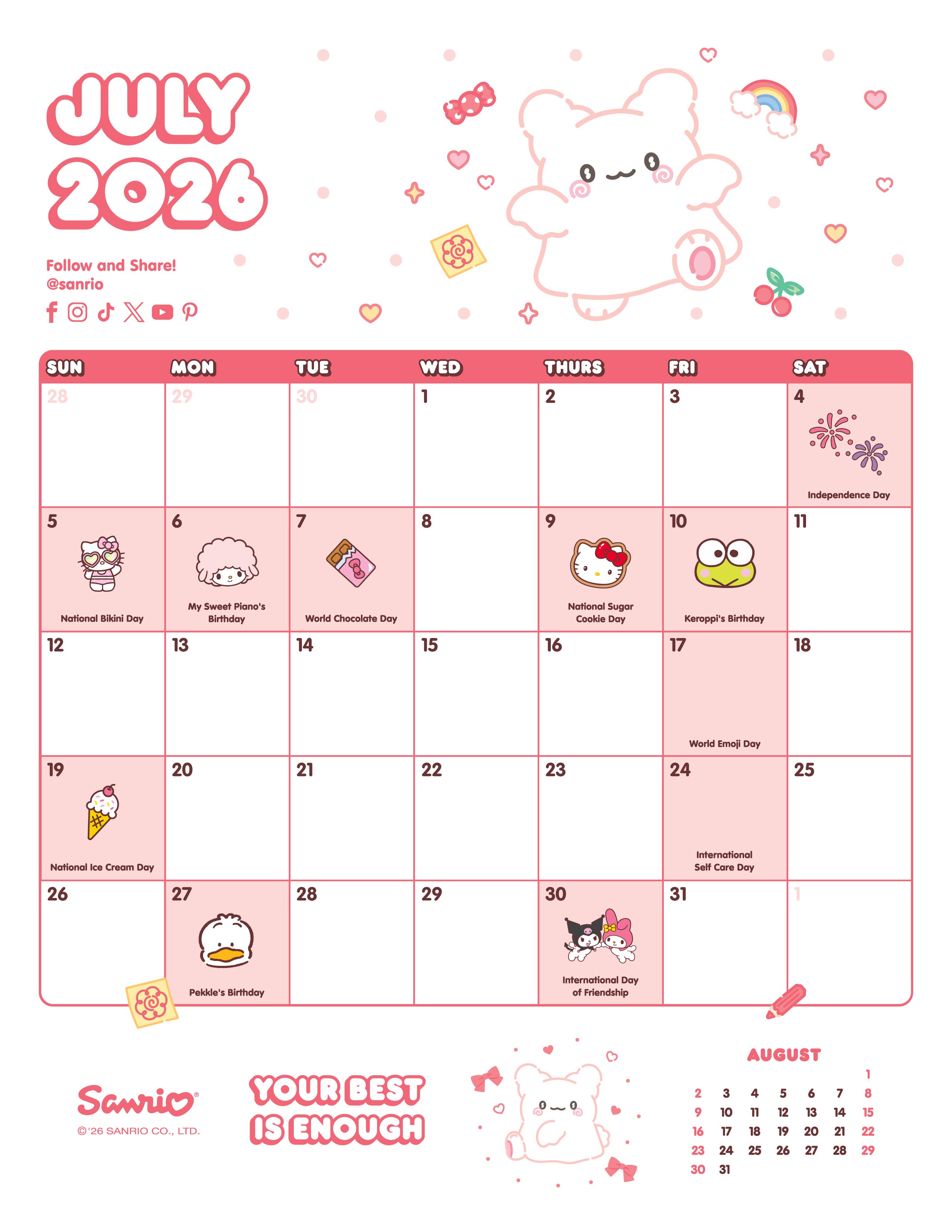July 2026 calendar with Hanamaruobake character on a pink background.