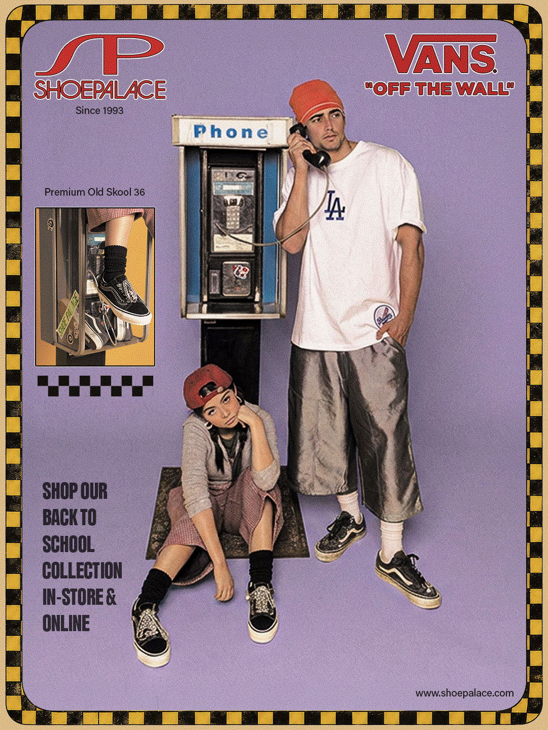 Two people in casual clothing by a payphone, promoting Vans shoes.