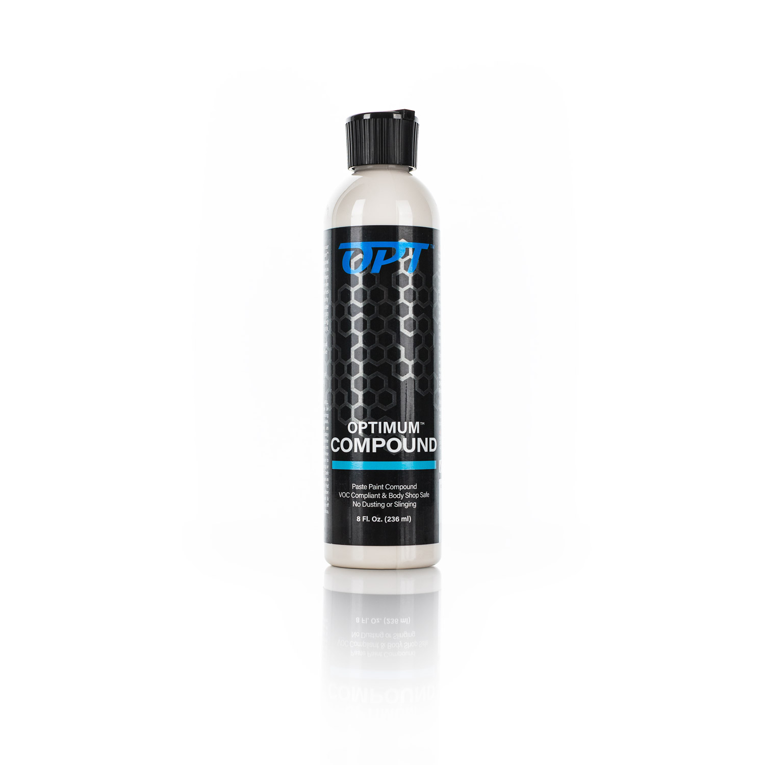 Bottle of car polishing compound with a black label and blue accents.