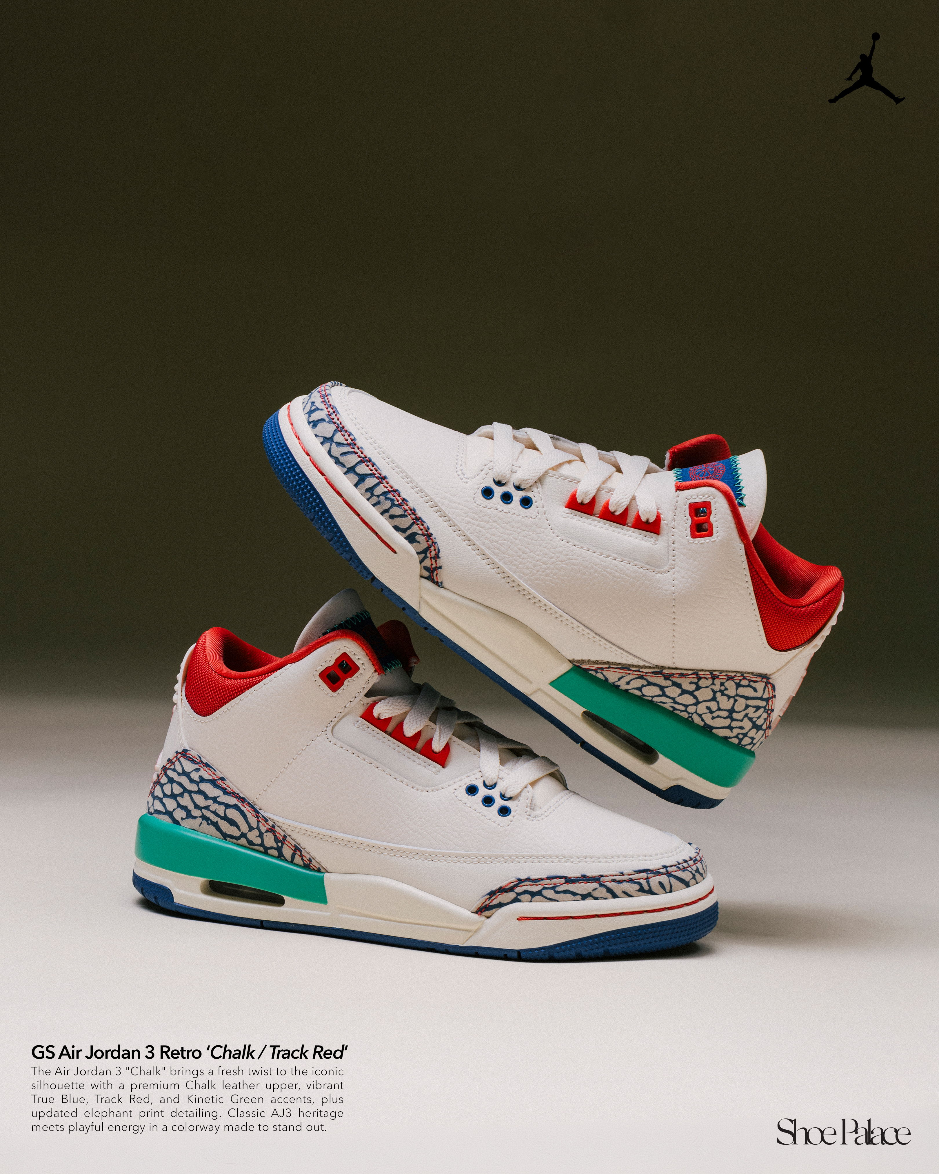 A pair of Air Jordan 3 Retro sneakers in white, red, and teal.