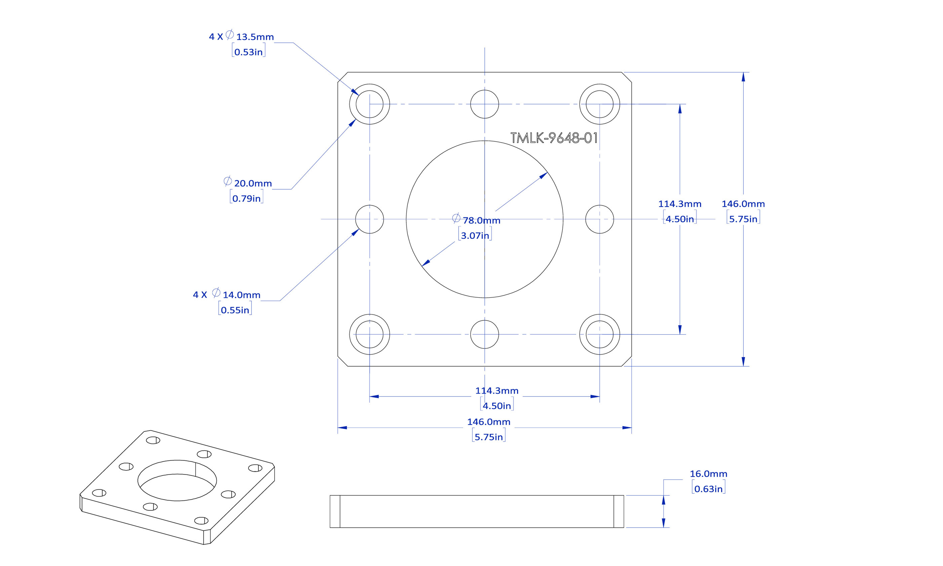 Technical drawing of a square plate with dimensions and circular cutout.