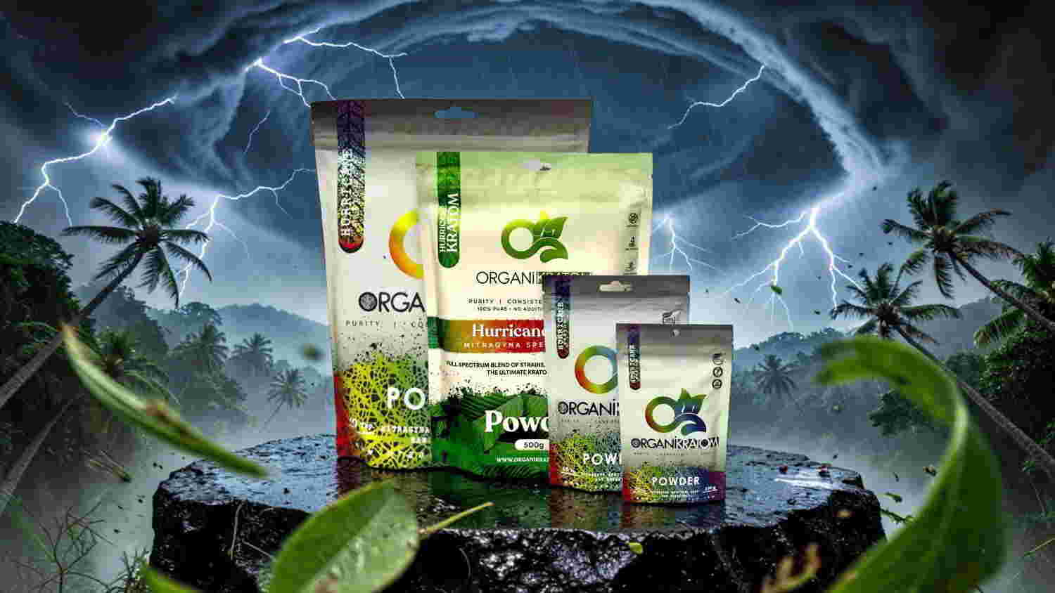 Various health product packages against a stormy background with palm trees.