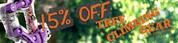 15% off tree climbing gear promotion with climbing equipment displayed.