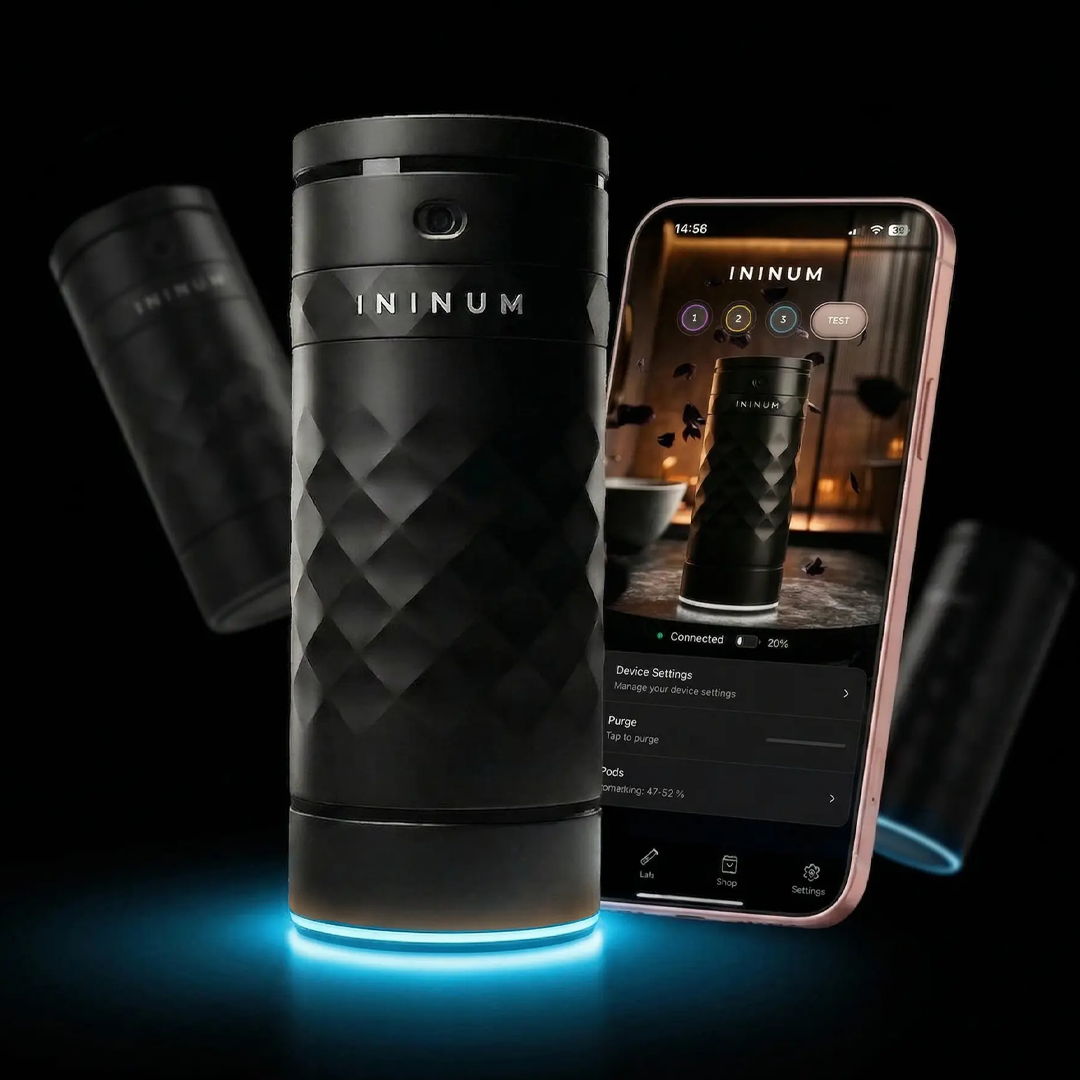 Smart speaker with app interface and glowing base.