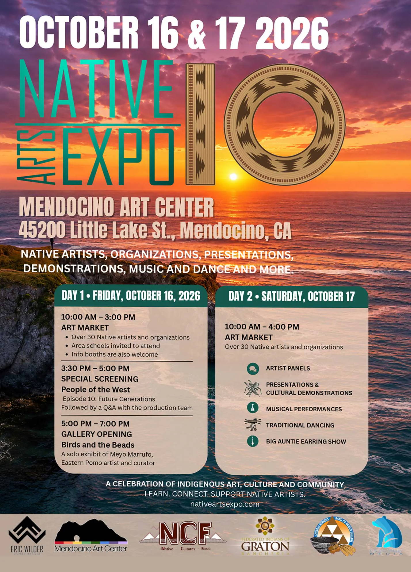 Native Arts Expo flyer for October 16 & 17, 2026, in Mendocino, CA.