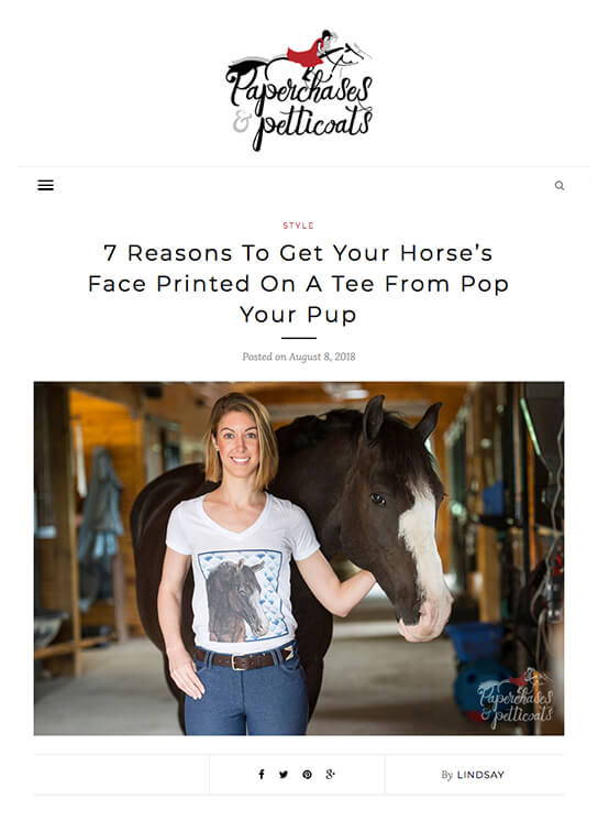 girl next to her horse while wearing her custom pop your pup tee