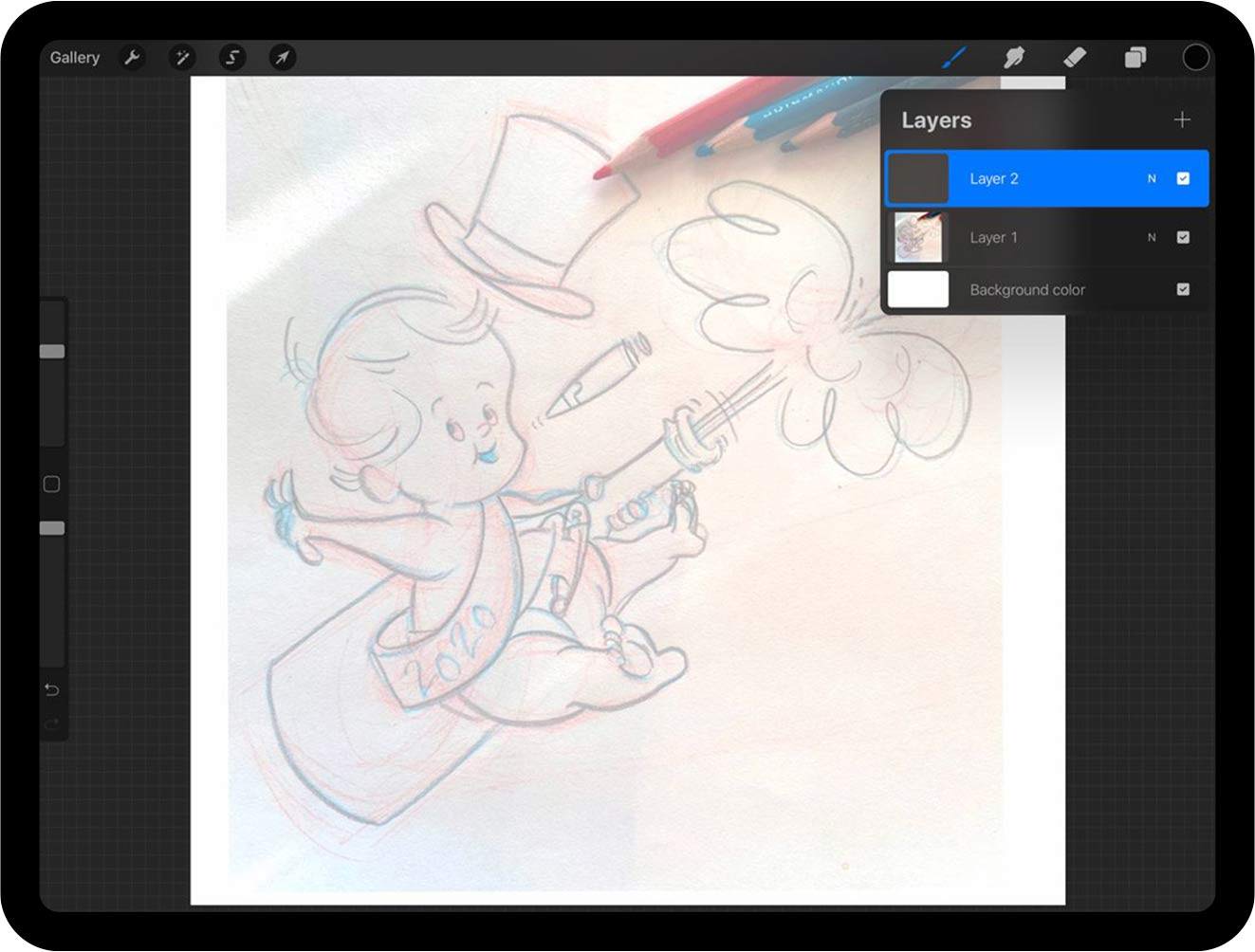 Sketch of new years baby in Procreate with layers panel open and new layer created