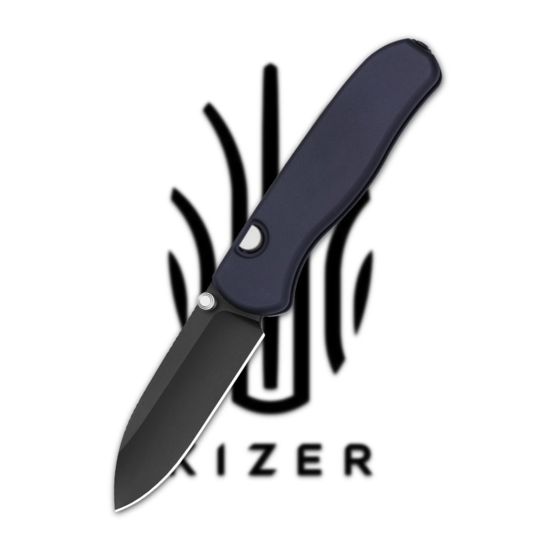 A folding knife with a black blade and blue handle, against a logo background.