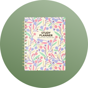 Colorful study planner with floral design on a green background.