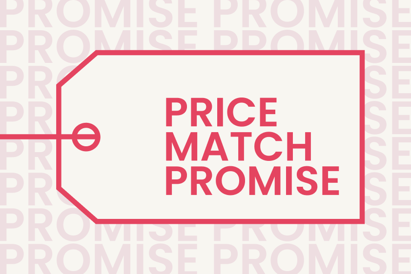Price match promise tag with repeated text in the background.
